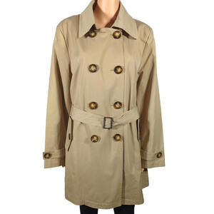 London Fog Womens  Double Breasted Trench Coat Size L Tan Knee Length Old Money
